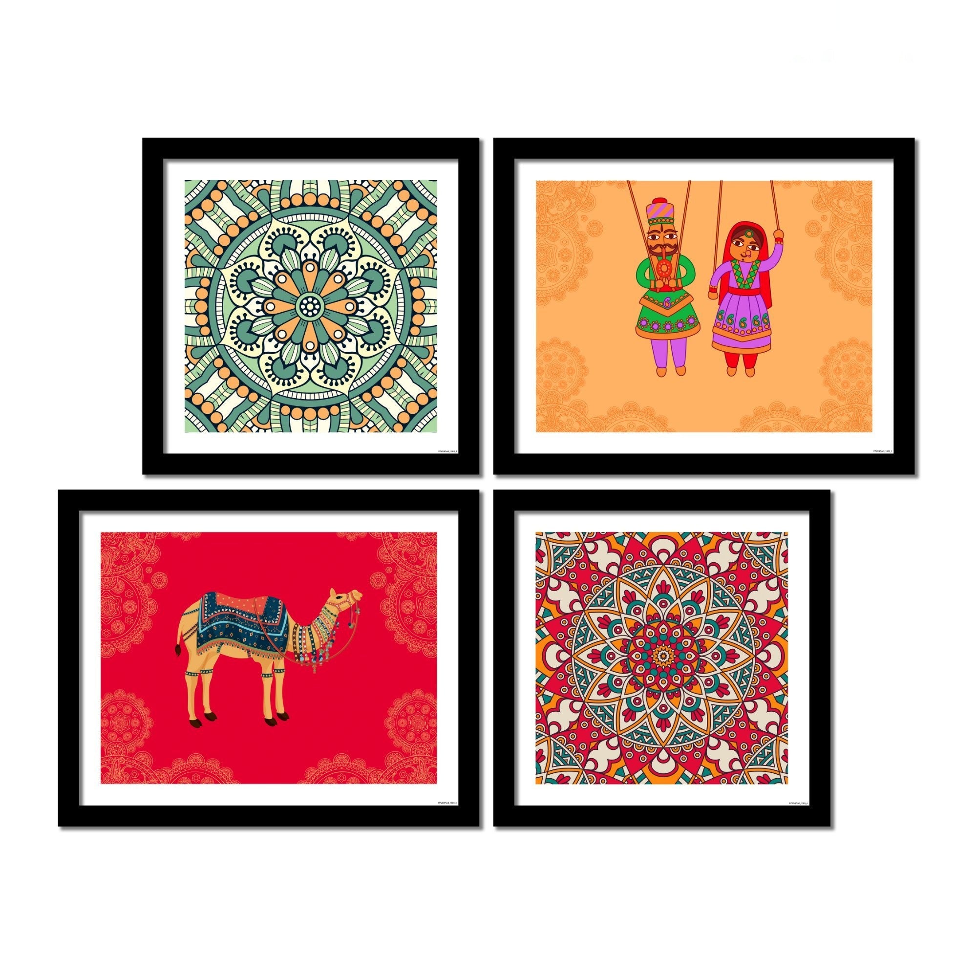 Mandala Pattern with Rajasthani Puppets & Camel 4 Pieces Wall Frame Hanging