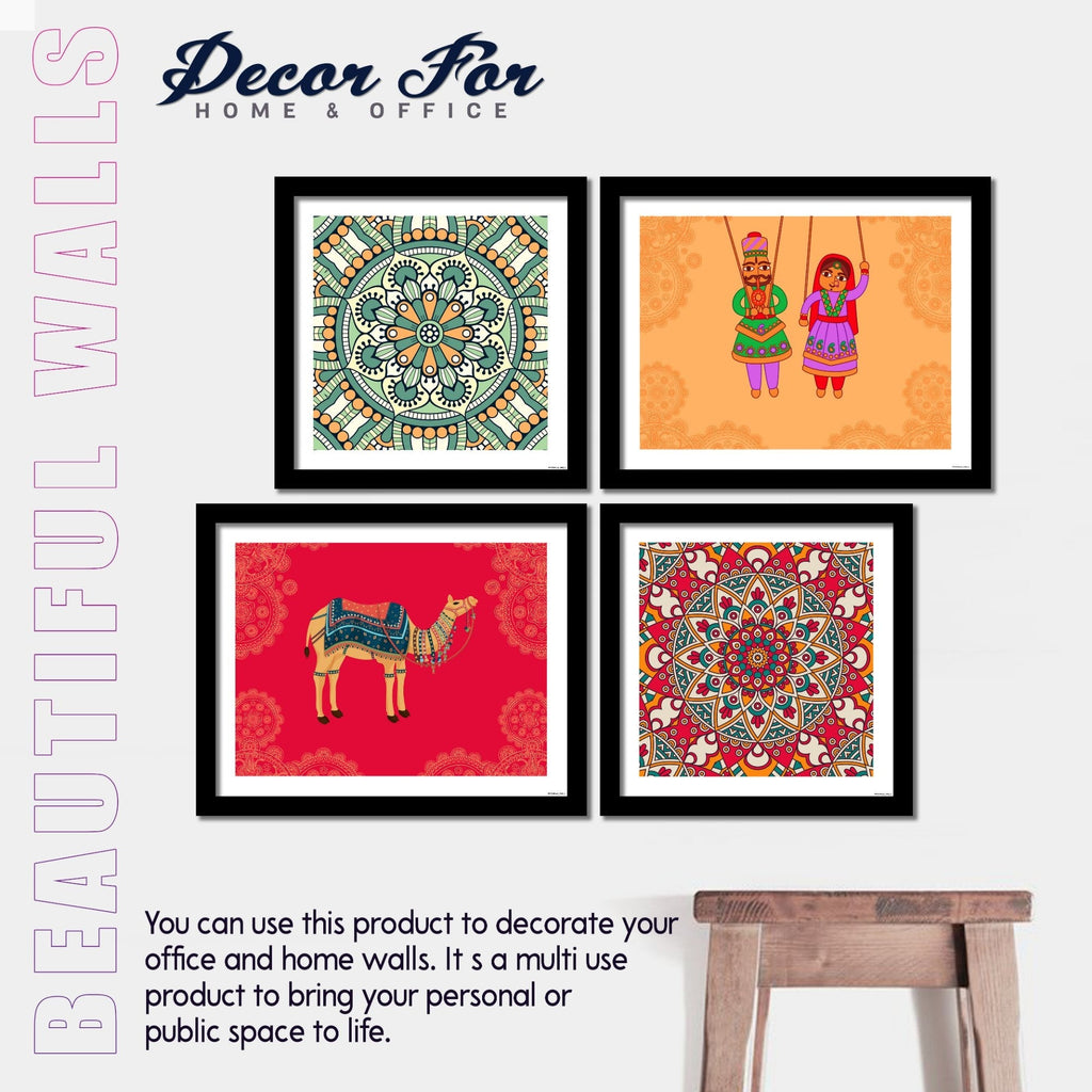 Mandala Pattern with Rajasthani Puppets & Camel 4 Pieces Wall Frame Hanging