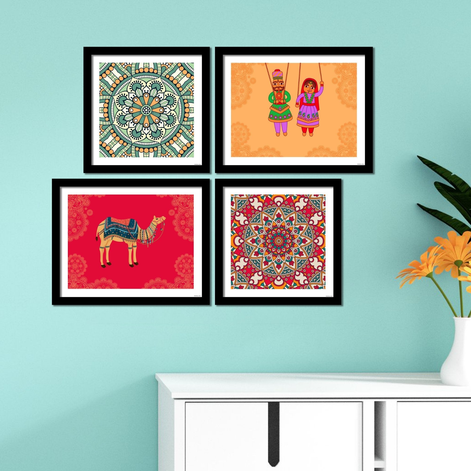 Mandala Pattern with Rajasthani Puppets & Camel 4 Pieces Wall Frame Hanging