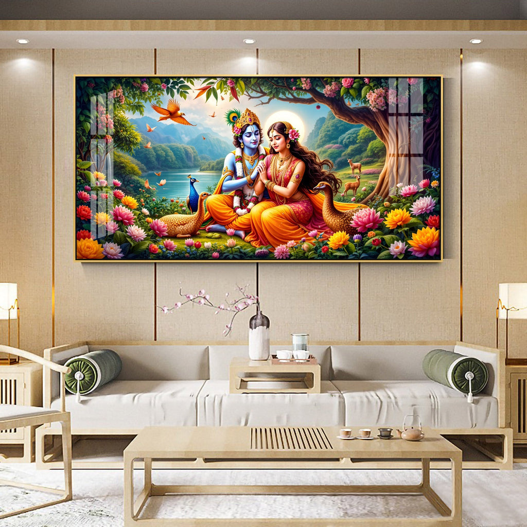 Divine Radha Krishna In Forest Premium Acrylic Horizontal Wall Art