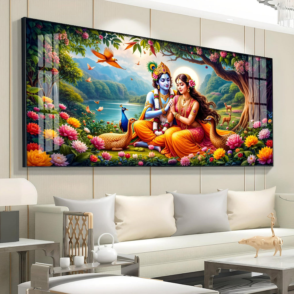 Divine Radha Krishna In Forest Premium Acrylic Horizontal Wall Art