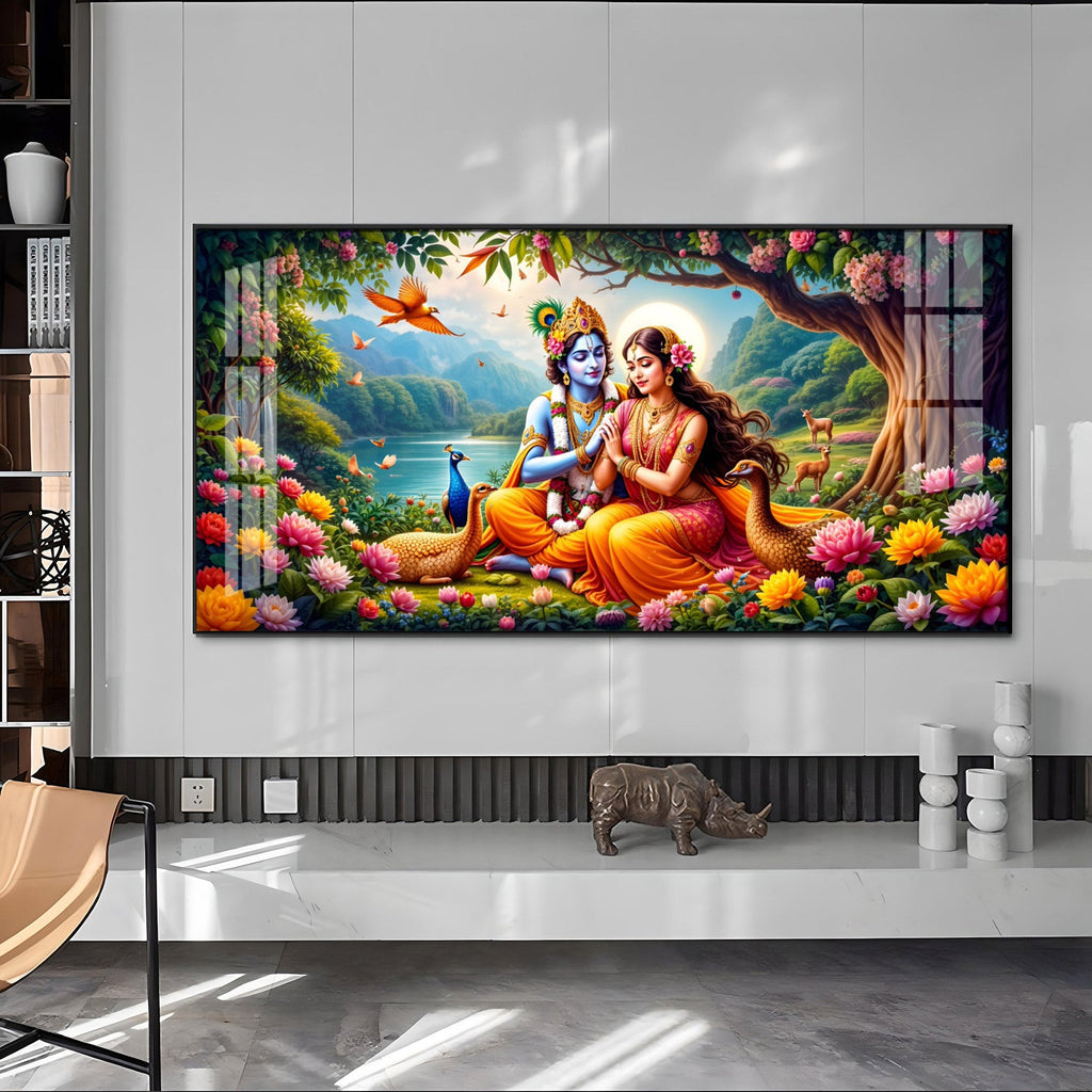 Divine Radha Krishna In Forest Premium Acrylic Horizontal Wall Art