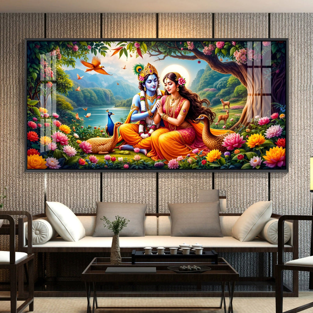 Divine Radha Krishna In Forest Premium Acrylic Horizontal Wall Art