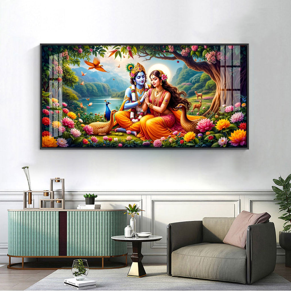Divine Radha Krishna In Forest Premium Acrylic Horizontal Wall Art