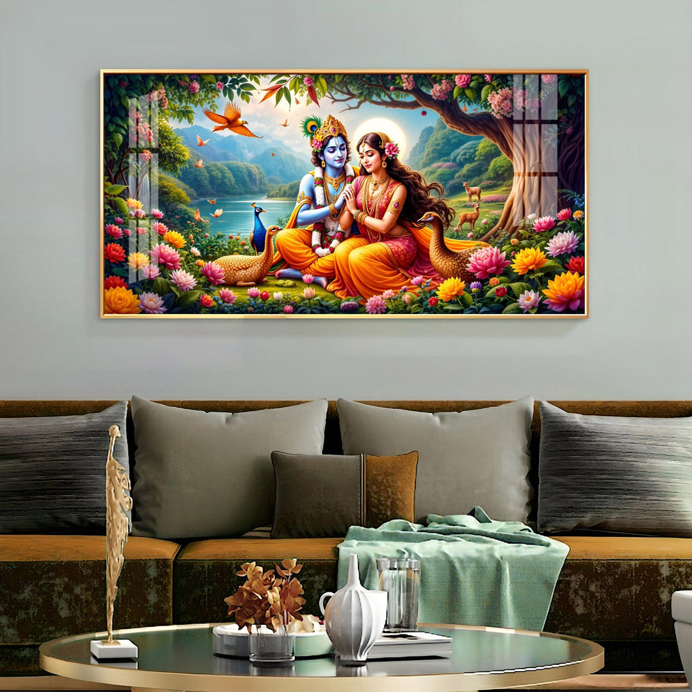Divine Radha Krishna In Forest Premium Acrylic Horizontal Wall Art