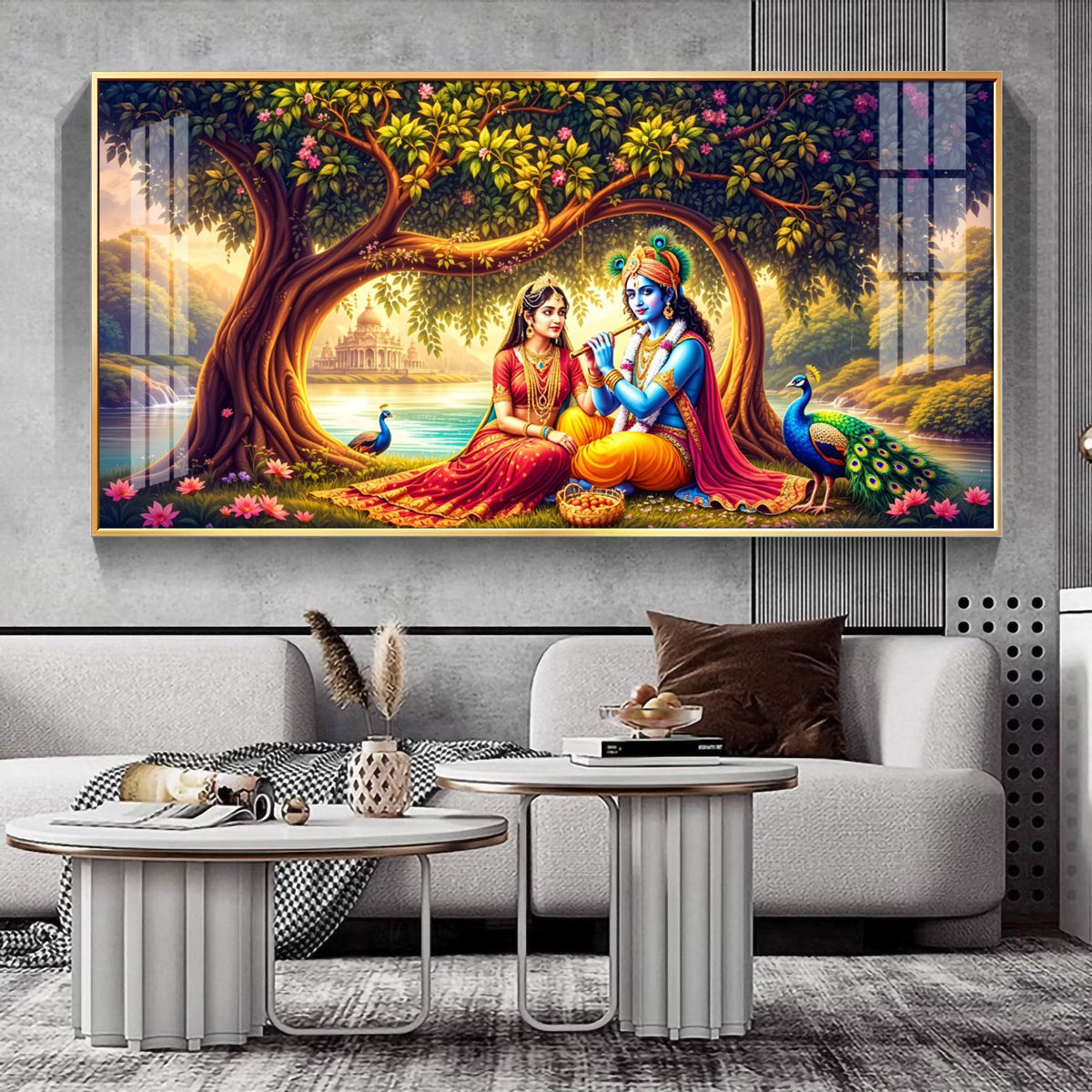 Krishna With Radha In Sunset Premium Acrylic Horizontal Wall Art