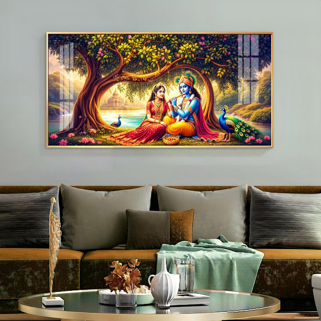 Krishna With Radha In Sunset Premium Acrylic Horizontal Wall Art