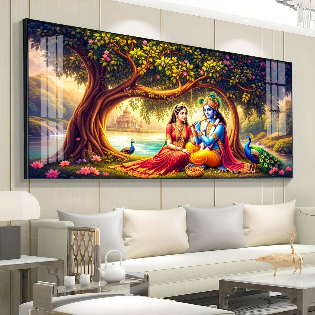 Krishna With Radha In Sunset Premium Acrylic Horizontal Wall Art