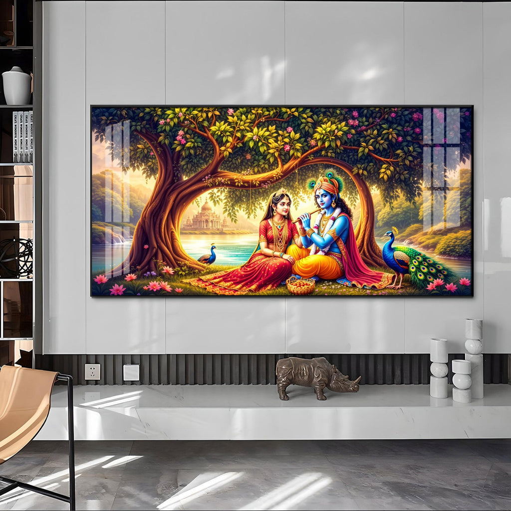 Krishna With Radha In Sunset Premium Acrylic Horizontal Wall Art
