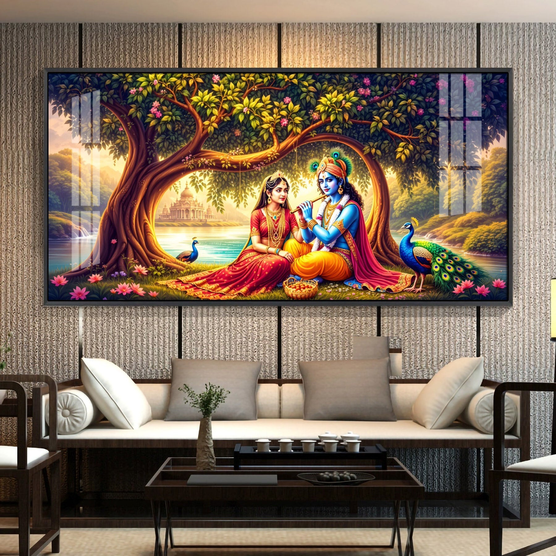 Krishna With Radha In Sunset Premium Acrylic Horizontal Wall Art