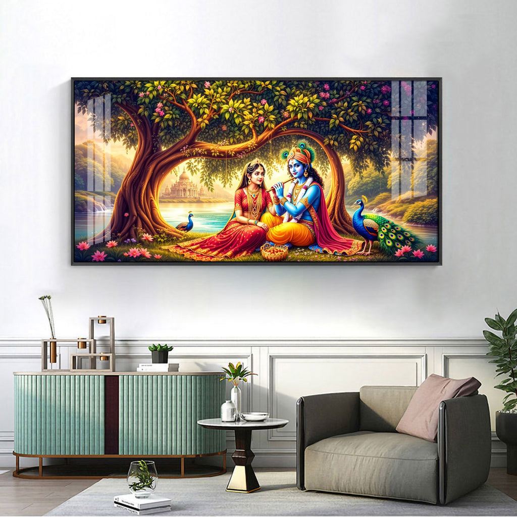 Krishna With Radha In Sunset Premium Acrylic Horizontal Wall Art