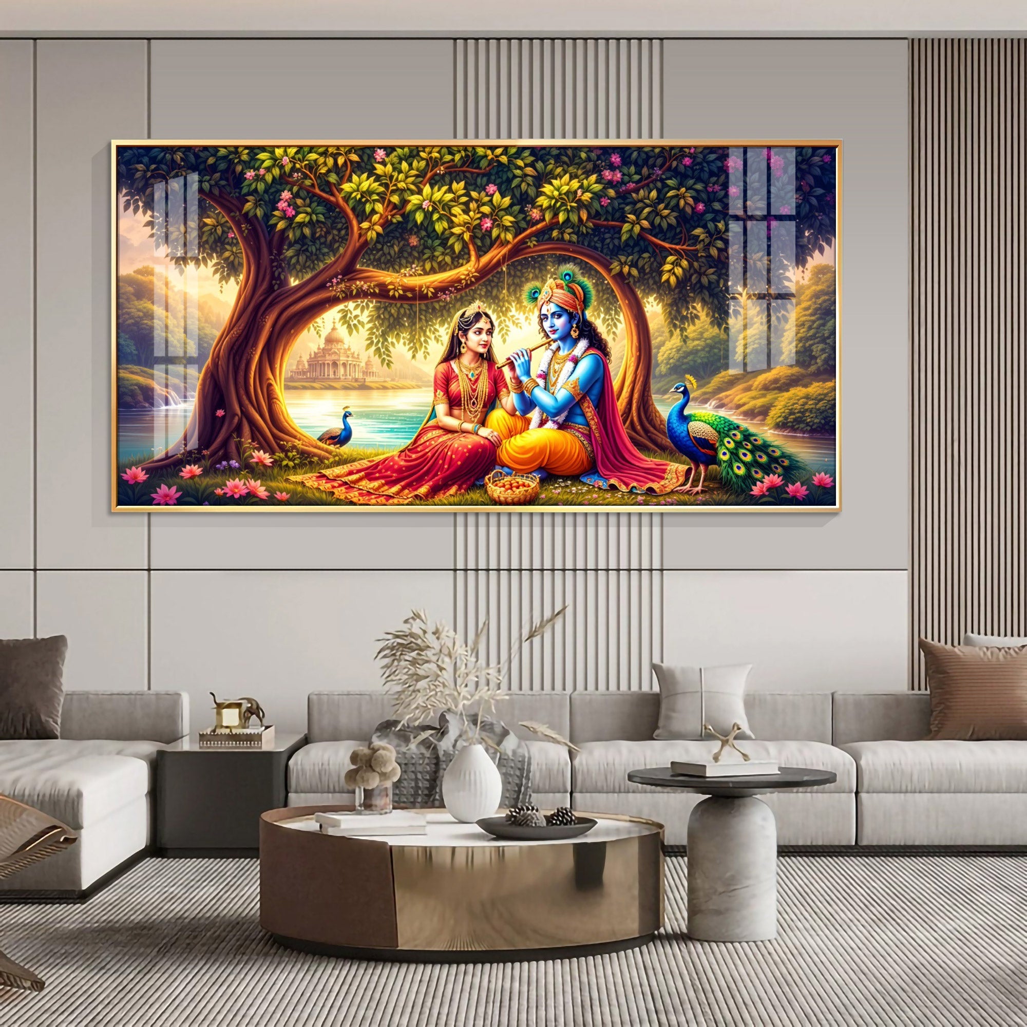 Krishna With Radha In Sunset Premium Acrylic Horizontal Wall Art