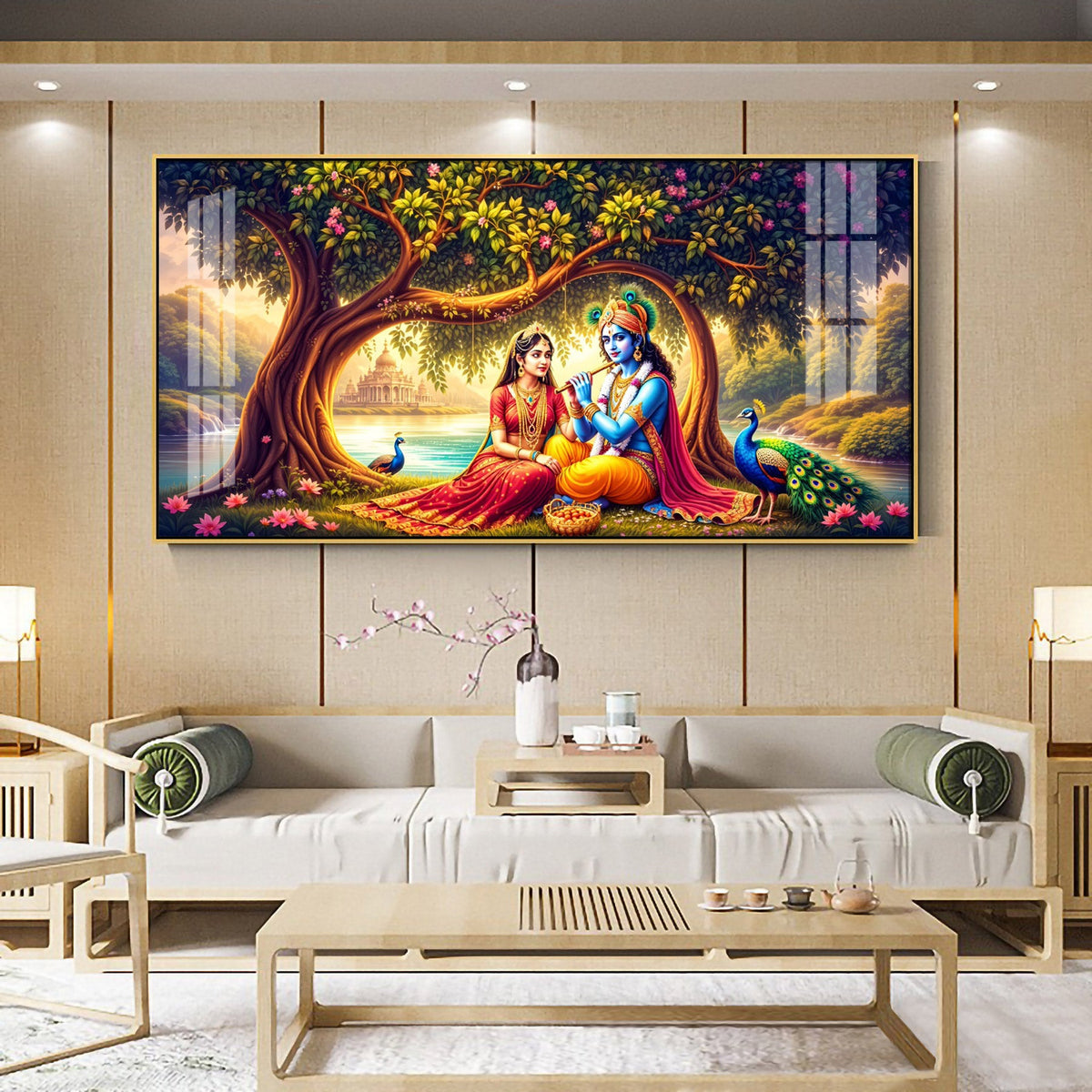Krishna With Radha In Sunset Premium Acrylic Horizontal Wall Art