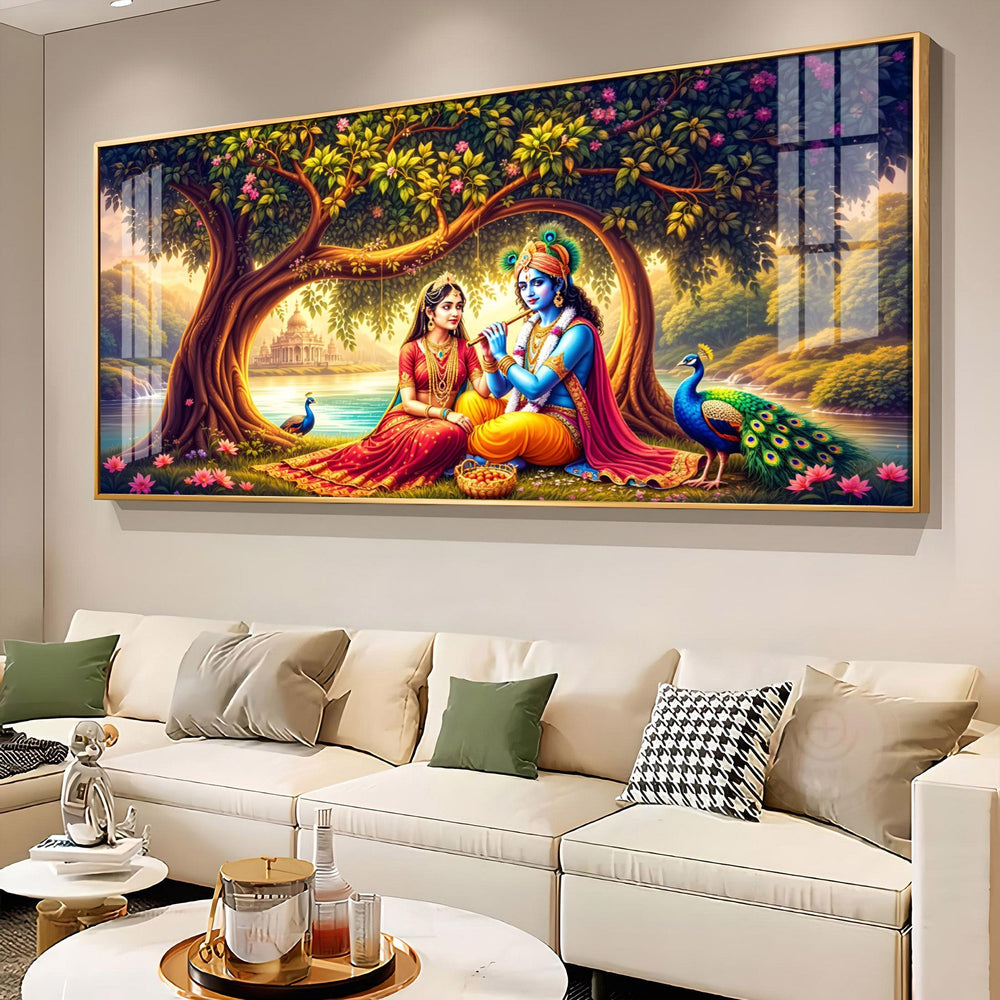 Krishna With Radha In Sunset Premium Acrylic Horizontal Wall Art