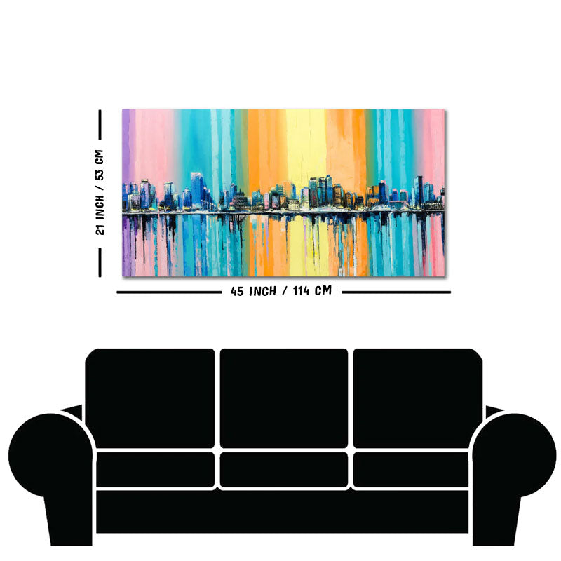 Wall Painting of A Fantasy Coastal city with a Rainbow Background