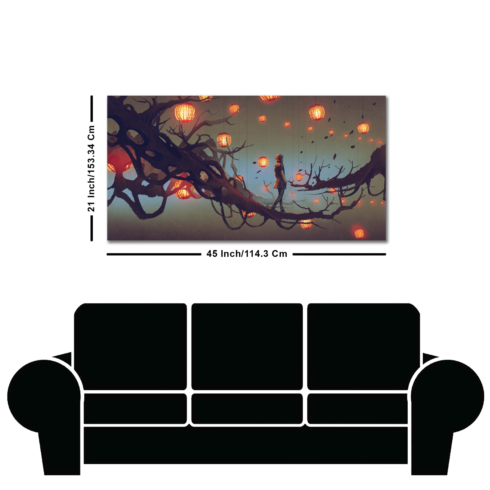 Beautiful Wall Painting of Man Walking on Tree with many Lanterns Background