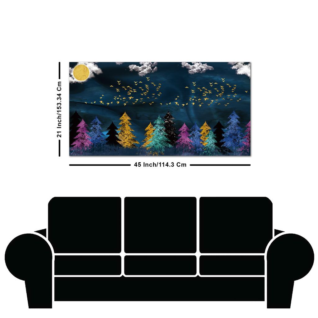 Premium Canvas Wall Painting of Golden Birds Flying over The Dark Forest