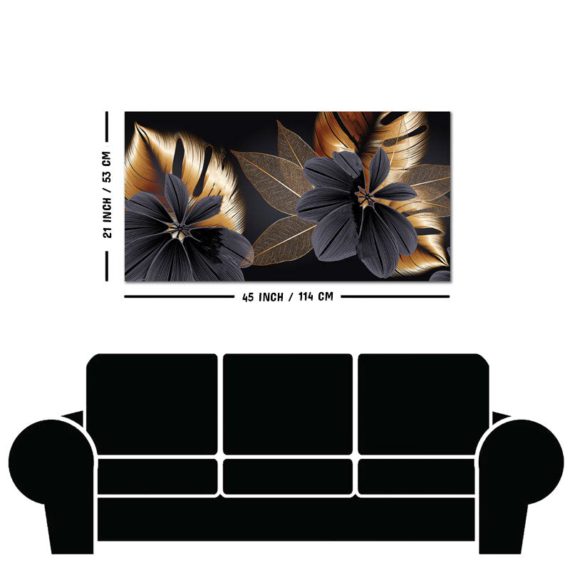 Flowers with Golden Monstera Leaves Wall Painting