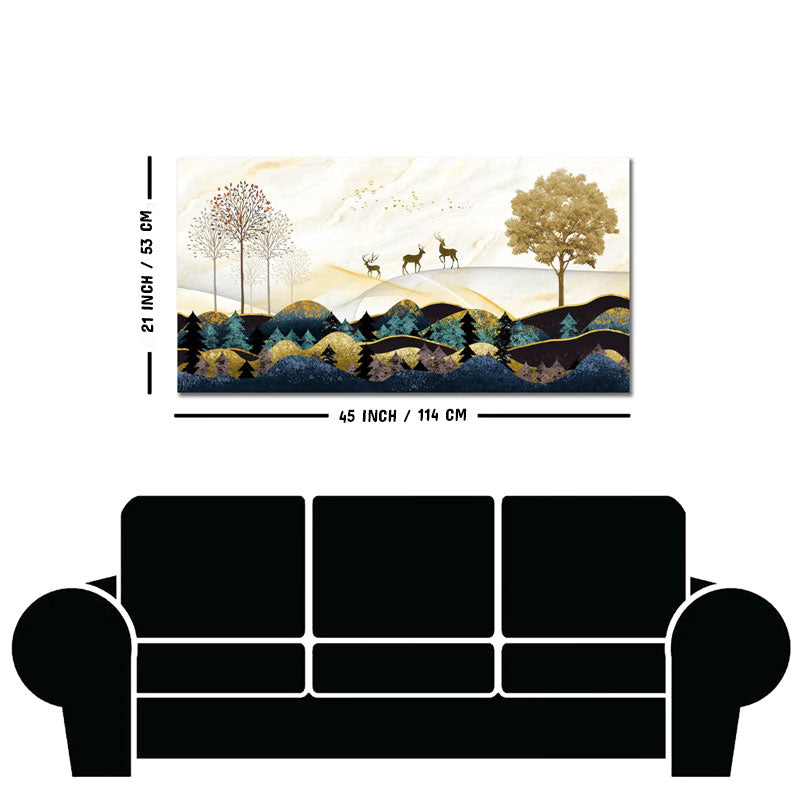 Abstract Golden Landscape Trees with Golden Deer Canvas Wall Painting