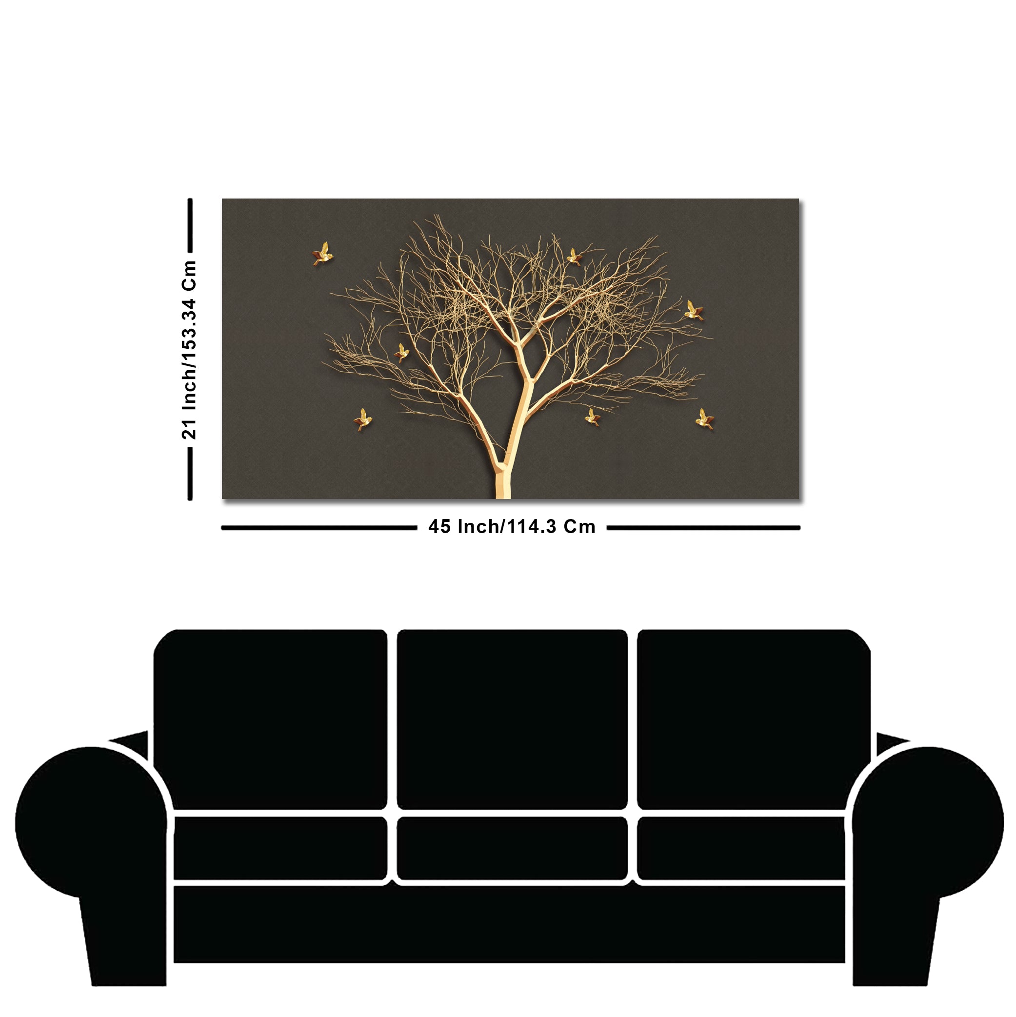 Golden Embossed Tree With Golden Birds Premium Canvas Wall Painting