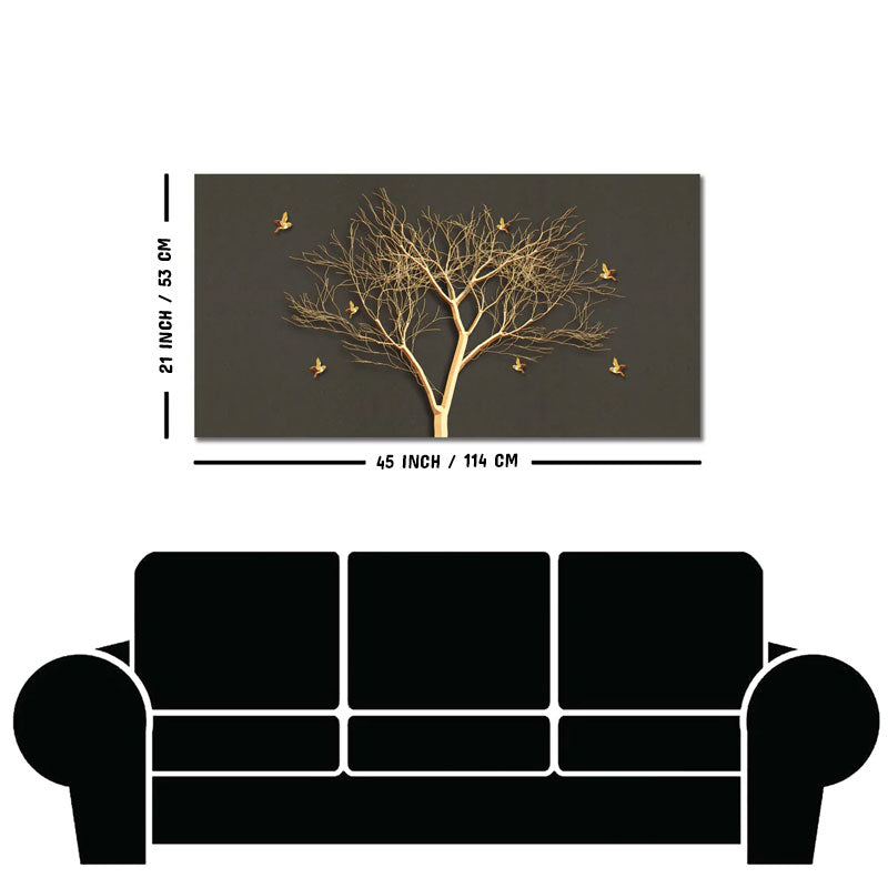 Golden Embossed Tree With Golden Birds Premium Canvas Wall Painting