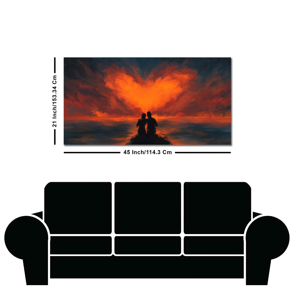 Couple Sitting Under Heart Shaped Clouds Premium Wall Painting