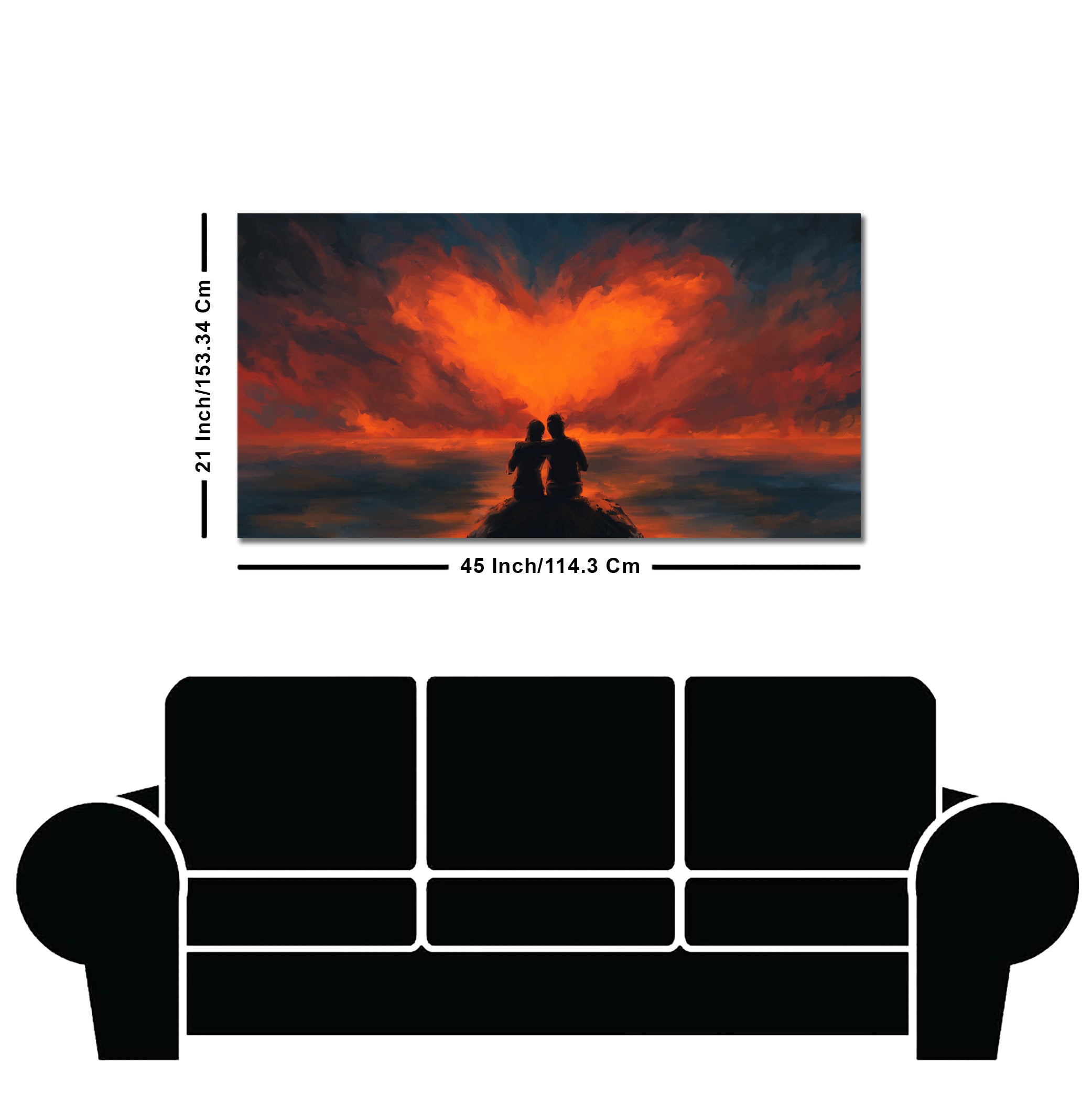 Couple Sitting Under Heart Shaped Clouds Premium Wall Painting