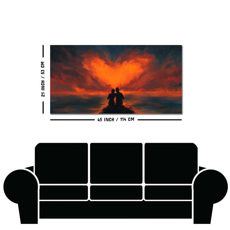 Couple Sitting Under Heart Shaped Clouds Premium Wall Painting