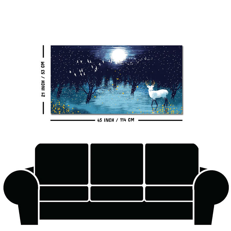 Beautiful White Deer in Full Moon Night Premium Wall Painting