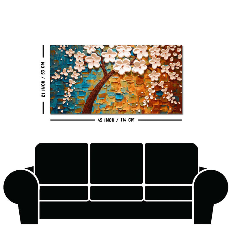 Beautiful Floral Tree Art with White Flower Premium Canvas Wall Painting