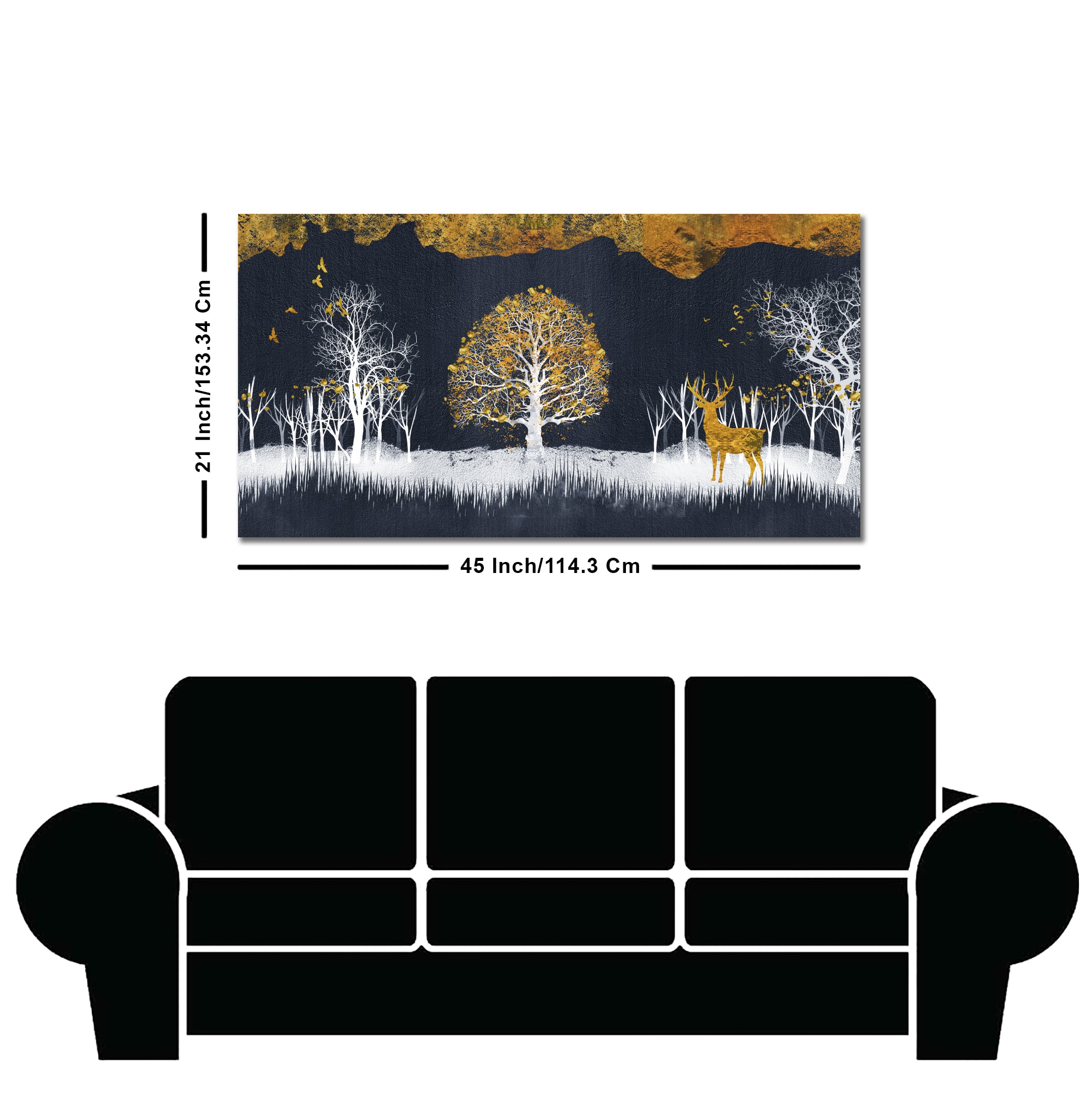 Midnight Golden Deer With Birds Scenery Premium Canvas Wall Painting