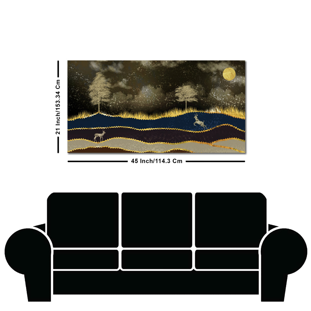 Abstract Midnight Golden Scenery with Deer Canvas Wall Painting