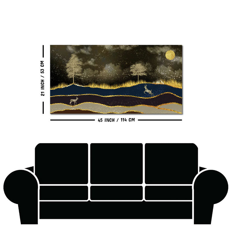 Abstract Midnight Golden Scenery with Deer Canvas Wall Painting