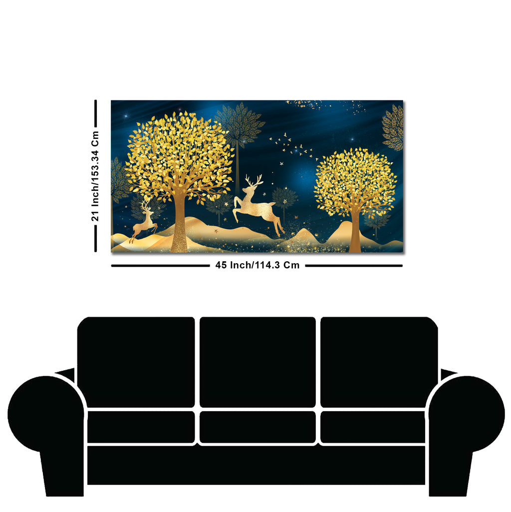 Golden Leaf Tree with Golden Deer Canvas wall Painting