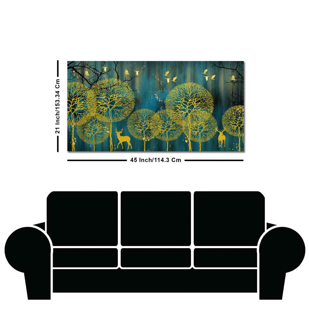 Golden Nightscape with Deers and Golden birds Canvas Wall Painting