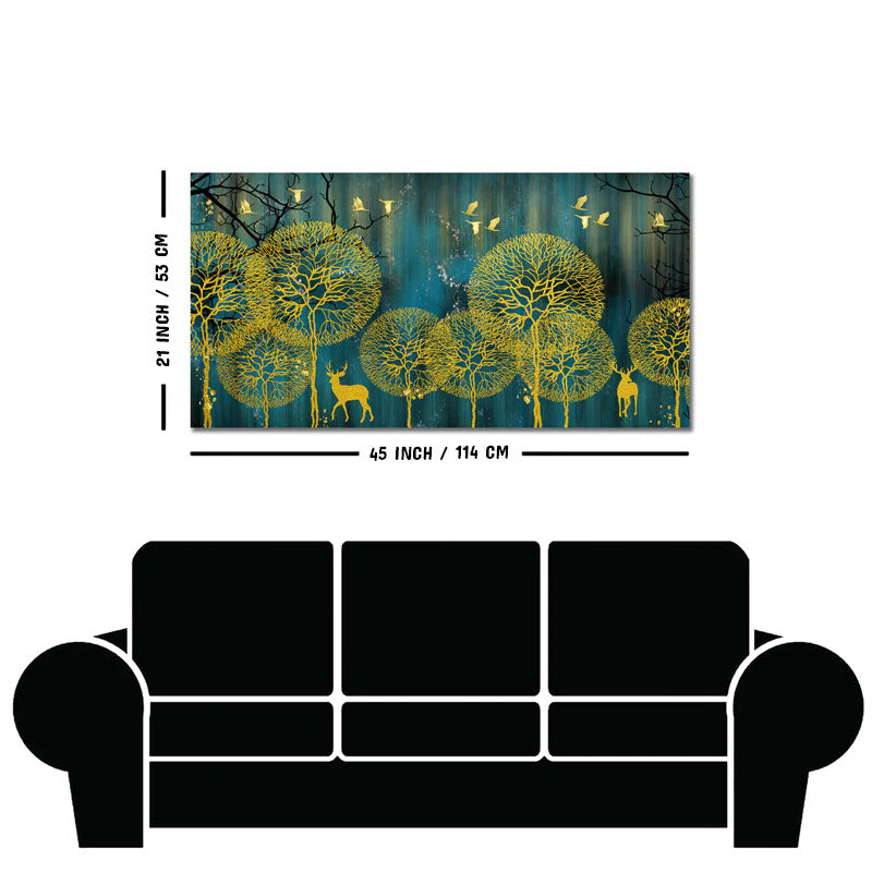 Golden Nightscape with Deers and Golden birds Canvas Wall Painting