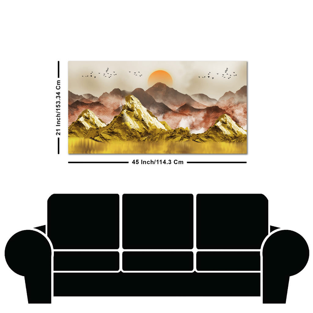 Golden Mountains and Birds Scenery Premium Canvas Wall Painting