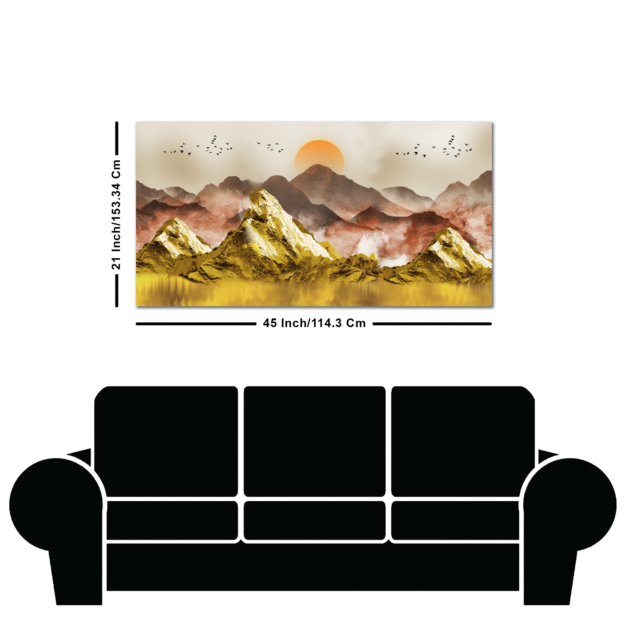 Golden Mountains and Birds Scenery Premium Canvas Wall Painting