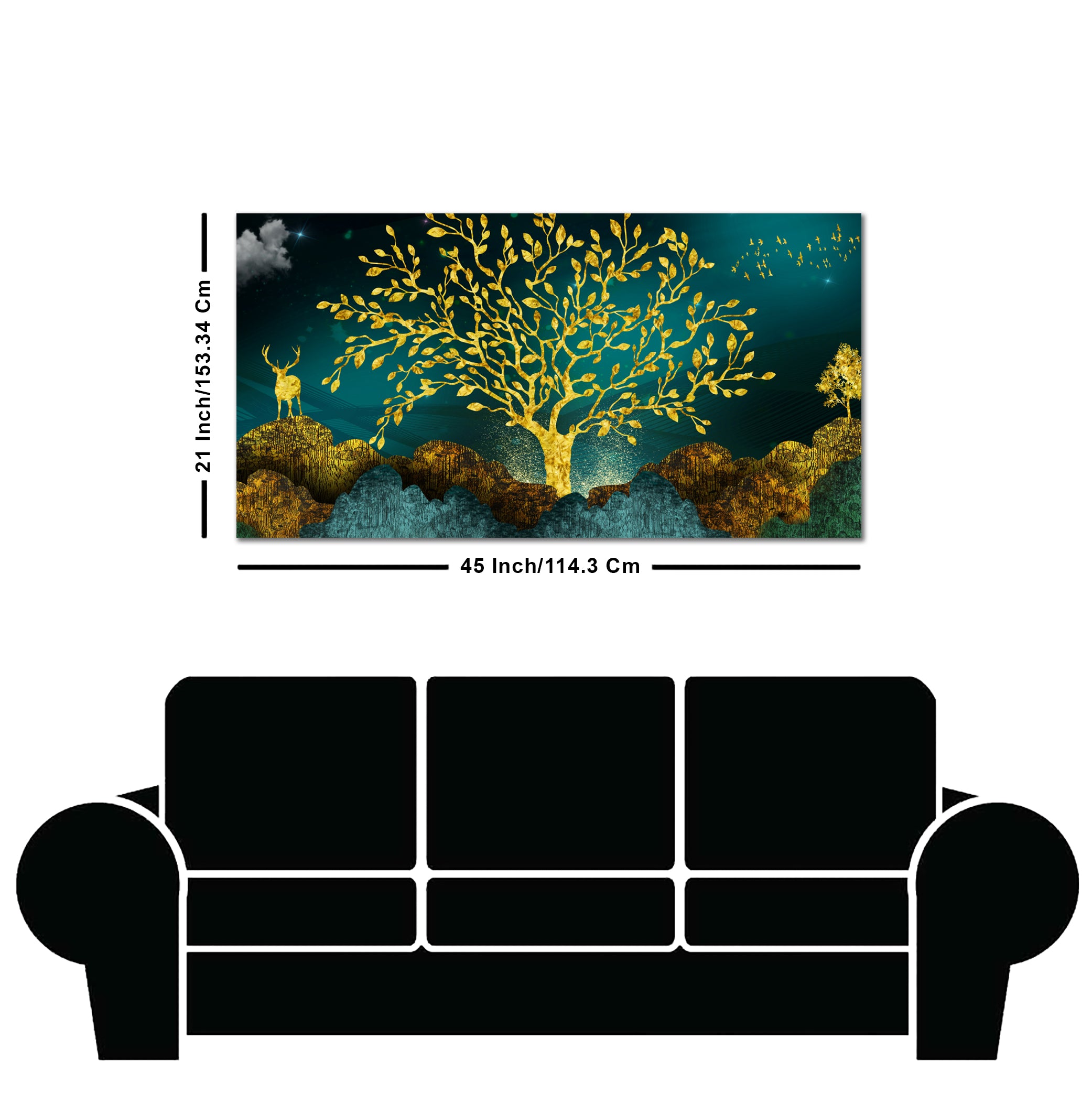 Golden Trees and Deer with Hills Premium Canvas Print Wall Painting