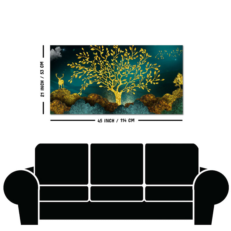 Golden Trees and Deer with Hills Premium Canvas Print Wall Painting
