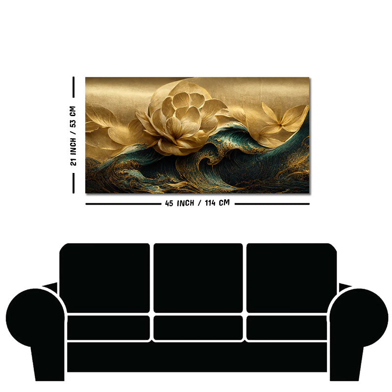 Modern Golden Flower and Waves Canvas Wall Painting