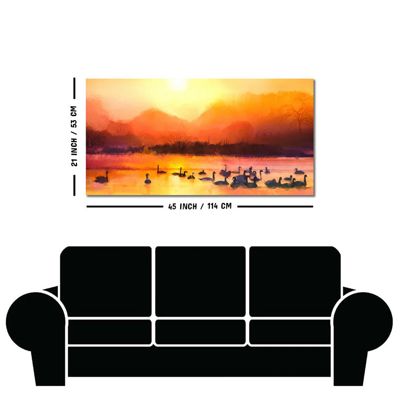 Beautiful Swans in Lake at Sunset Wall Painting