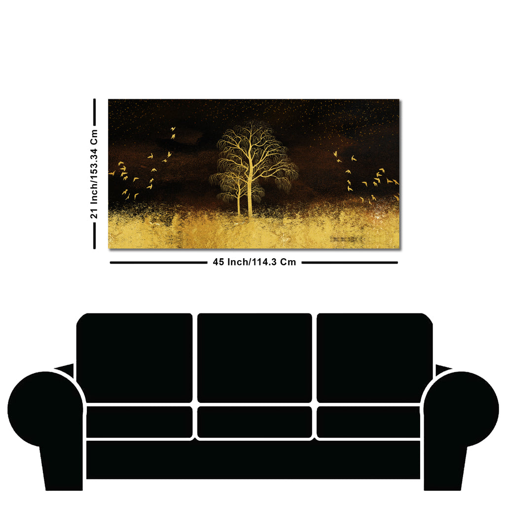 Golden Grass Trees with Birds in Dark Background Wall Painting