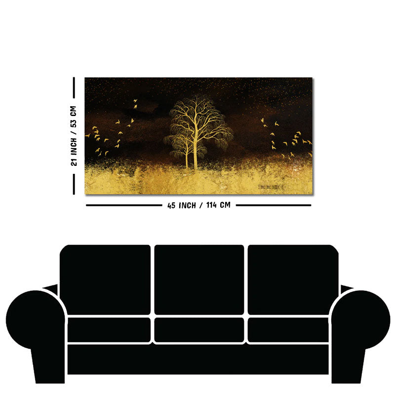 Golden Grass Trees with Birds in Dark Background Wall Painting