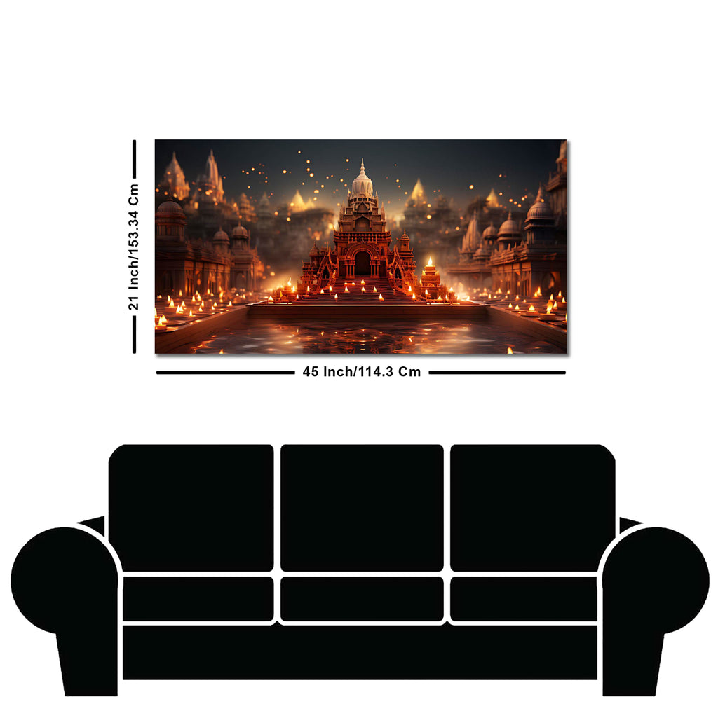 Beautiful  Adorned Diwali View of a Temple Canvas Wall Painting