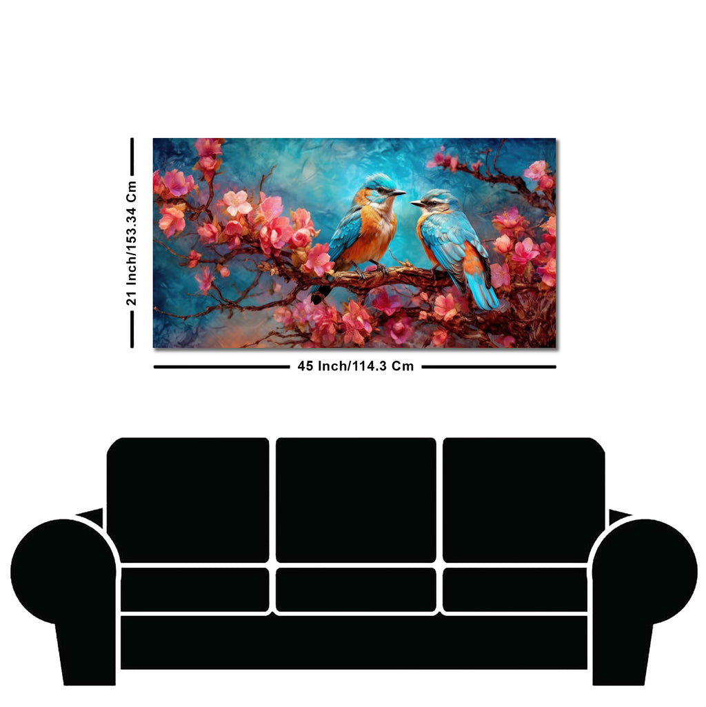 Beautiful Love Birds on a Branch with Pink Flowers Canvas Wall Painting