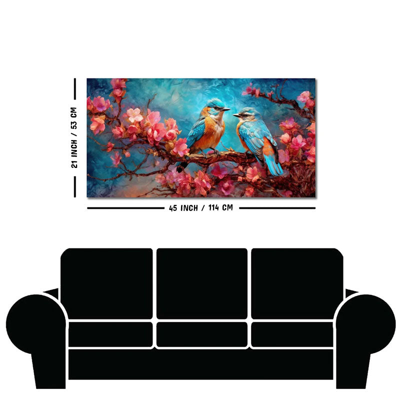 Beautiful Love Birds on a Branch with Pink Flowers Canvas Wall Painting