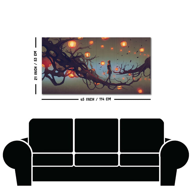 Beautiful Wall Painting of Man Walking on Tree with many Lanterns Background