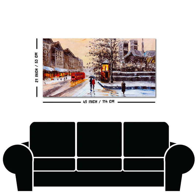 Canvas Wall Painting of Street view of London with Snowfall Background