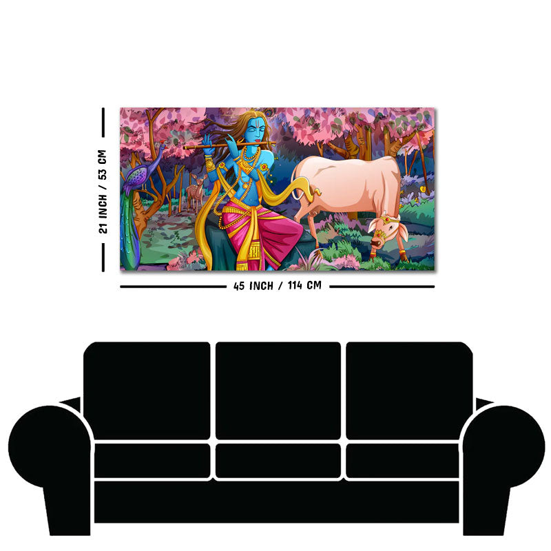 Lord Krishna Playing Flute Pink Trees in Background Canvas Wall Painting